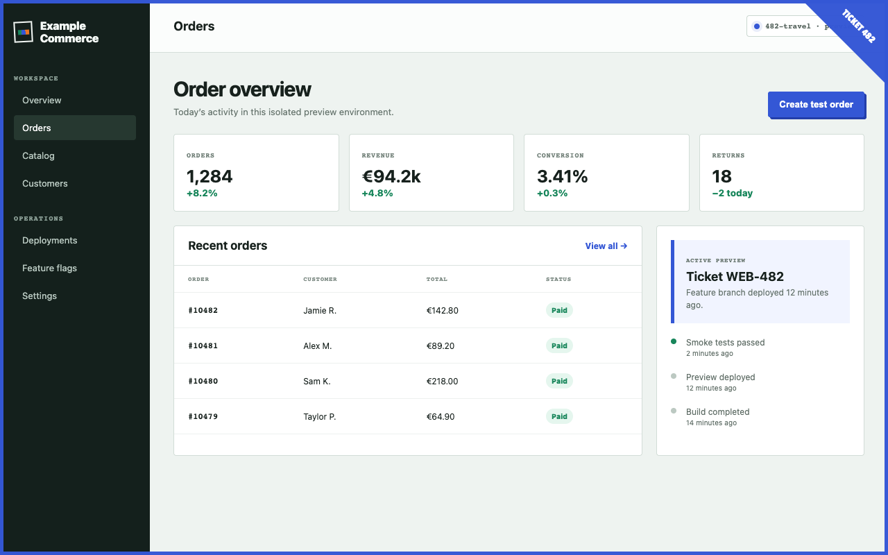 A preview commerce page with a blue Ticket 482 corner marker and viewport border