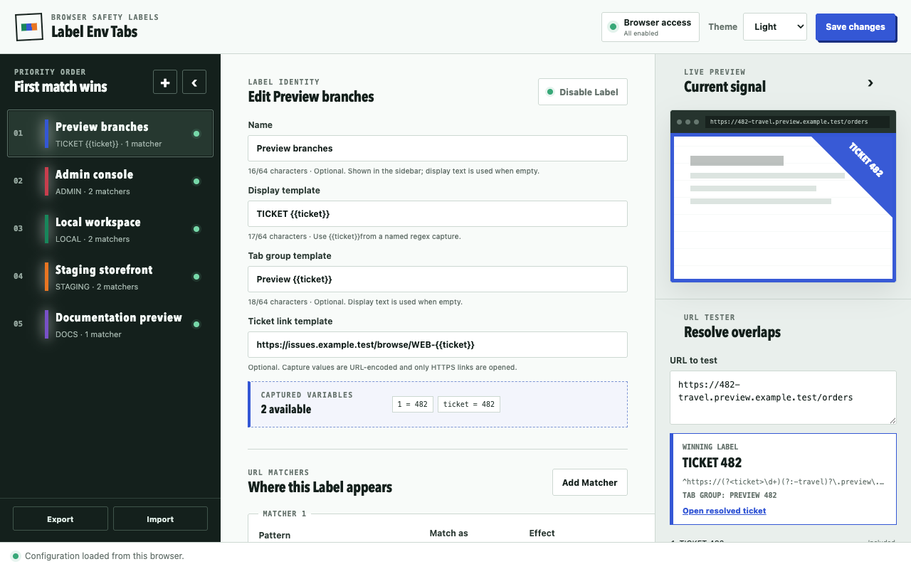 The Label Env Tabs rule editor with a live URL test and marker preview